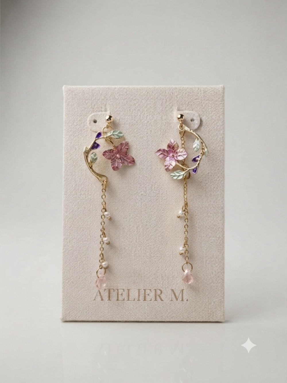 Sakura Tassel Earrings | Pink Floral Heart Gold Chain Dangles
